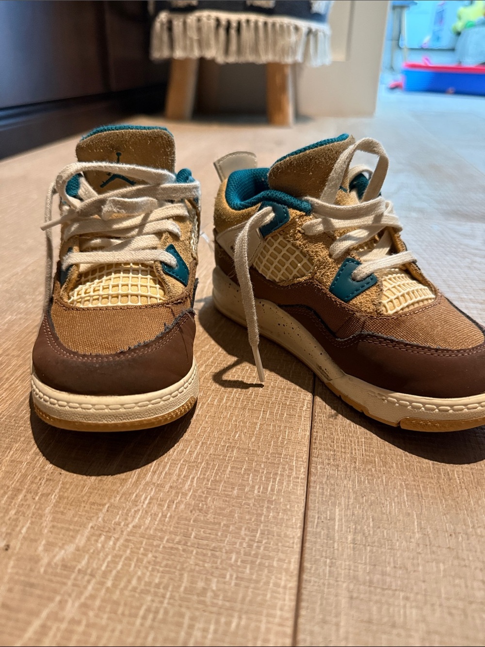 Kids Brown & Tan Athletic Sneakers with Teal Accents